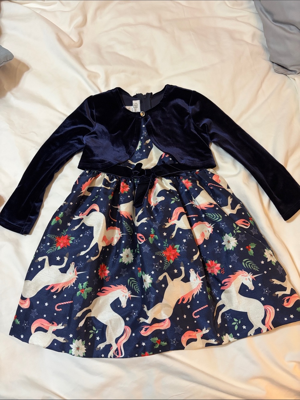 Bonnie Jean Navy Unicorn Velvet Bodice Holiday Dress